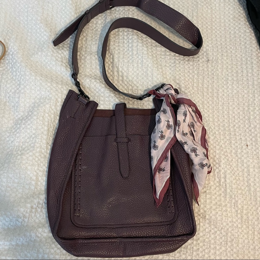 Rebecca Minkoff unlined freed bag in purple with RM scarf